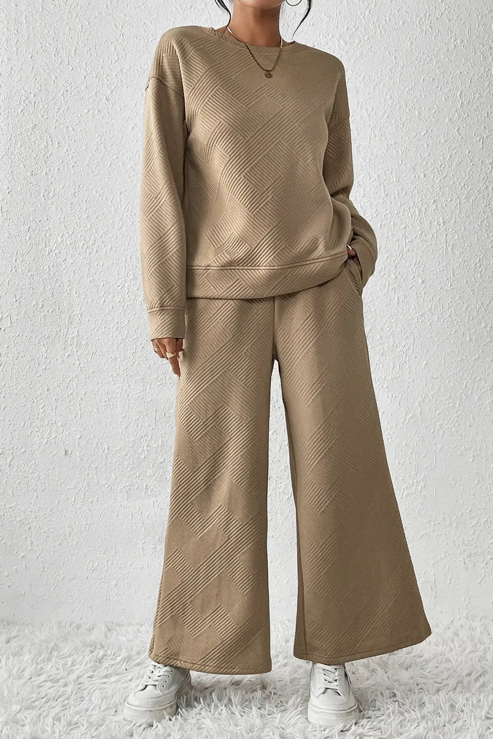 Khaki ultra loose textured 2pcs slouchy outfit - pants sets
