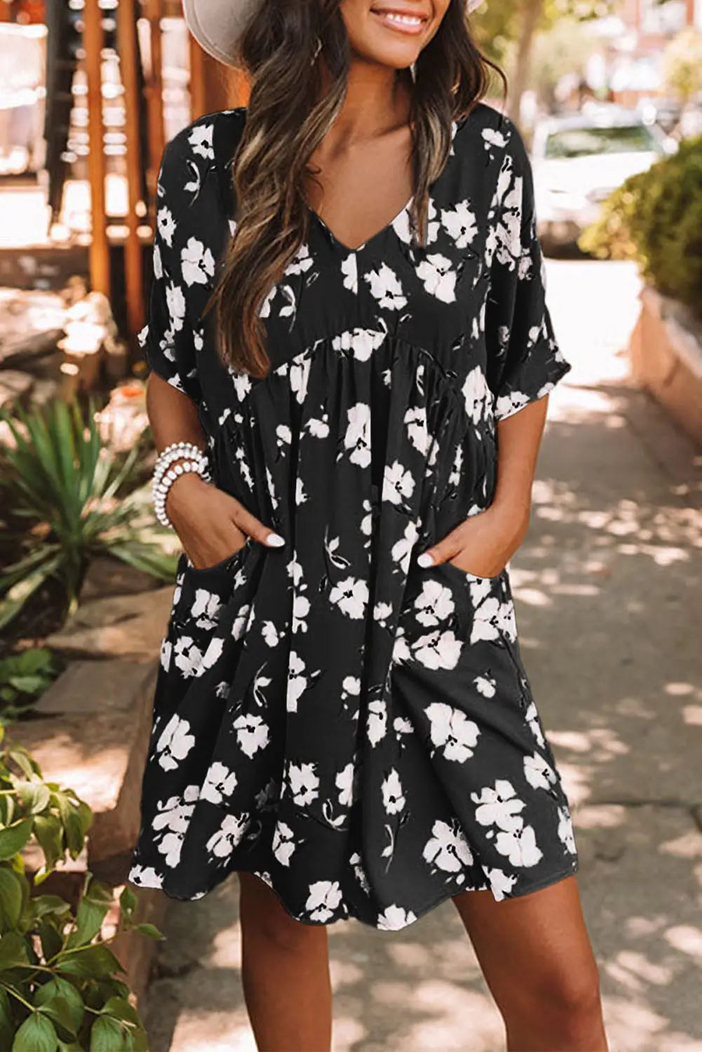Khaki v neck floral babydoll dress with pockets - black / s / 100% polyester - mini dresses