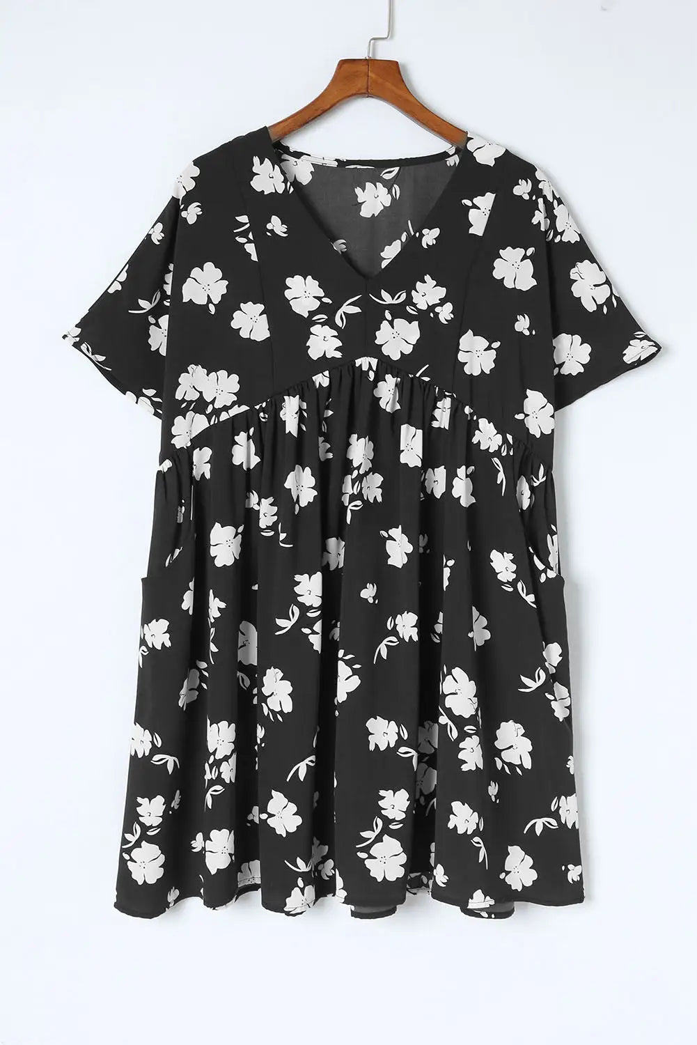 Khaki v neck floral babydoll dress with pockets - mini dresses