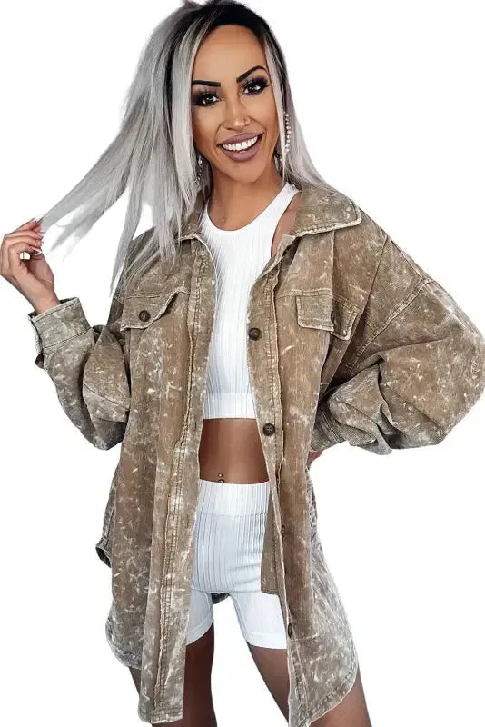 Khaki Vintage Distressed Oversized Shacket - Fashionfitz