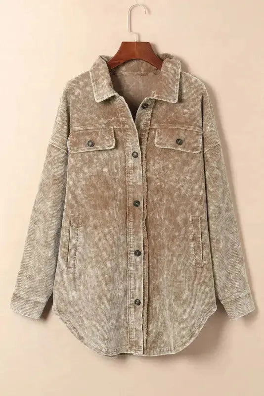 Back view of khaki vintage distressed oversized shacket Fashionfitz UK