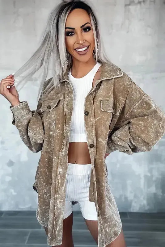 Side view of distressed mineral wash oversized shacket showing relaxed fit Fashionfitz UK
