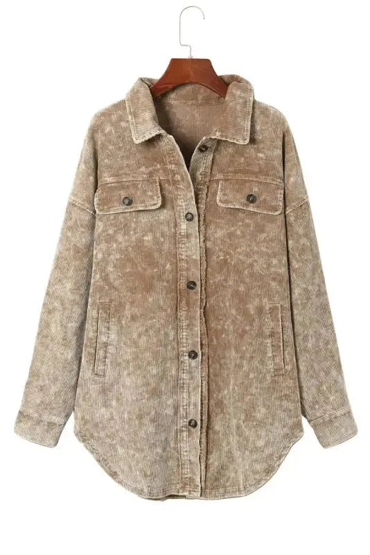 Khaki Vintage Distressed Oversized Shacket - Fashionfitz