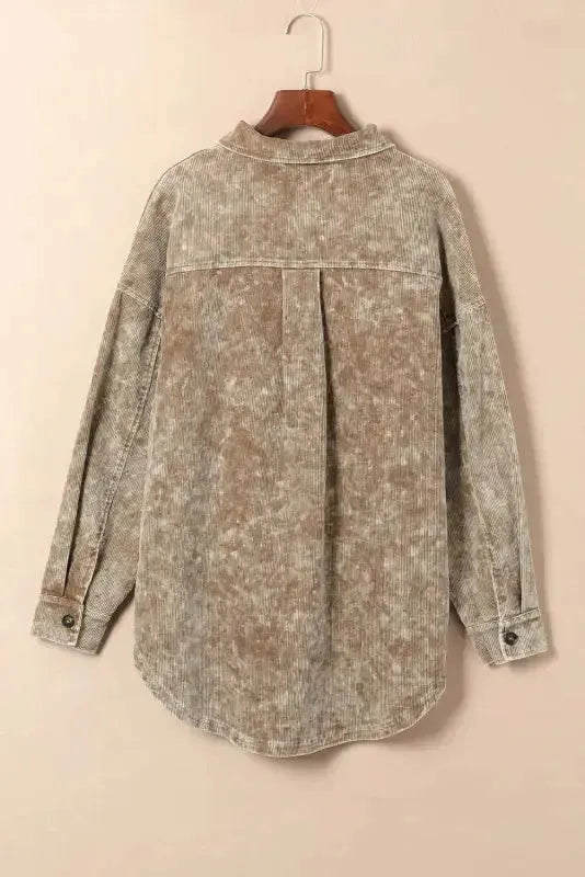 Close-up of mineral wash distressed texture on khaki oversized shacket Fashionfitz UK