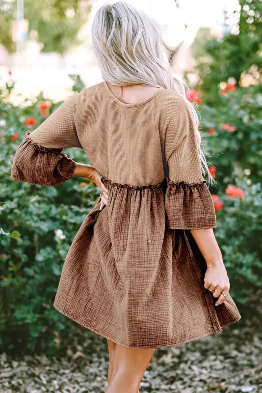 Khaki waffle crinkle patchwork frilled flare dress - dresses