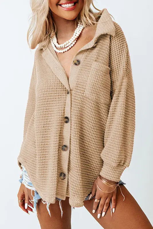 Khaki waffle knit button up casual shirt - blouses & shirts