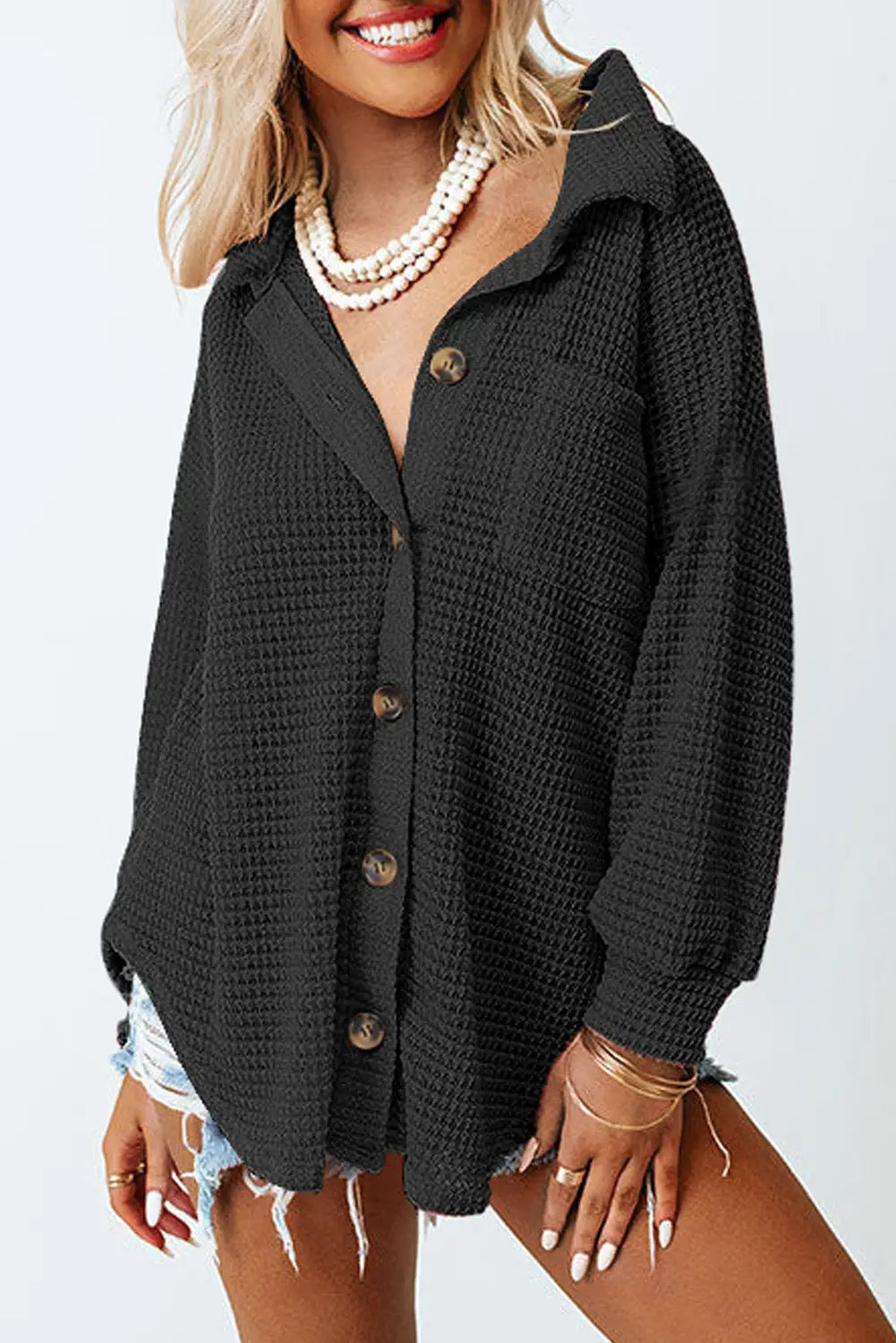Khaki waffle knit button up casual shirt - tops