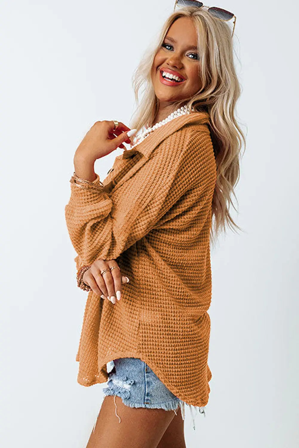 Khaki waffle knit button up casual shirt - tops