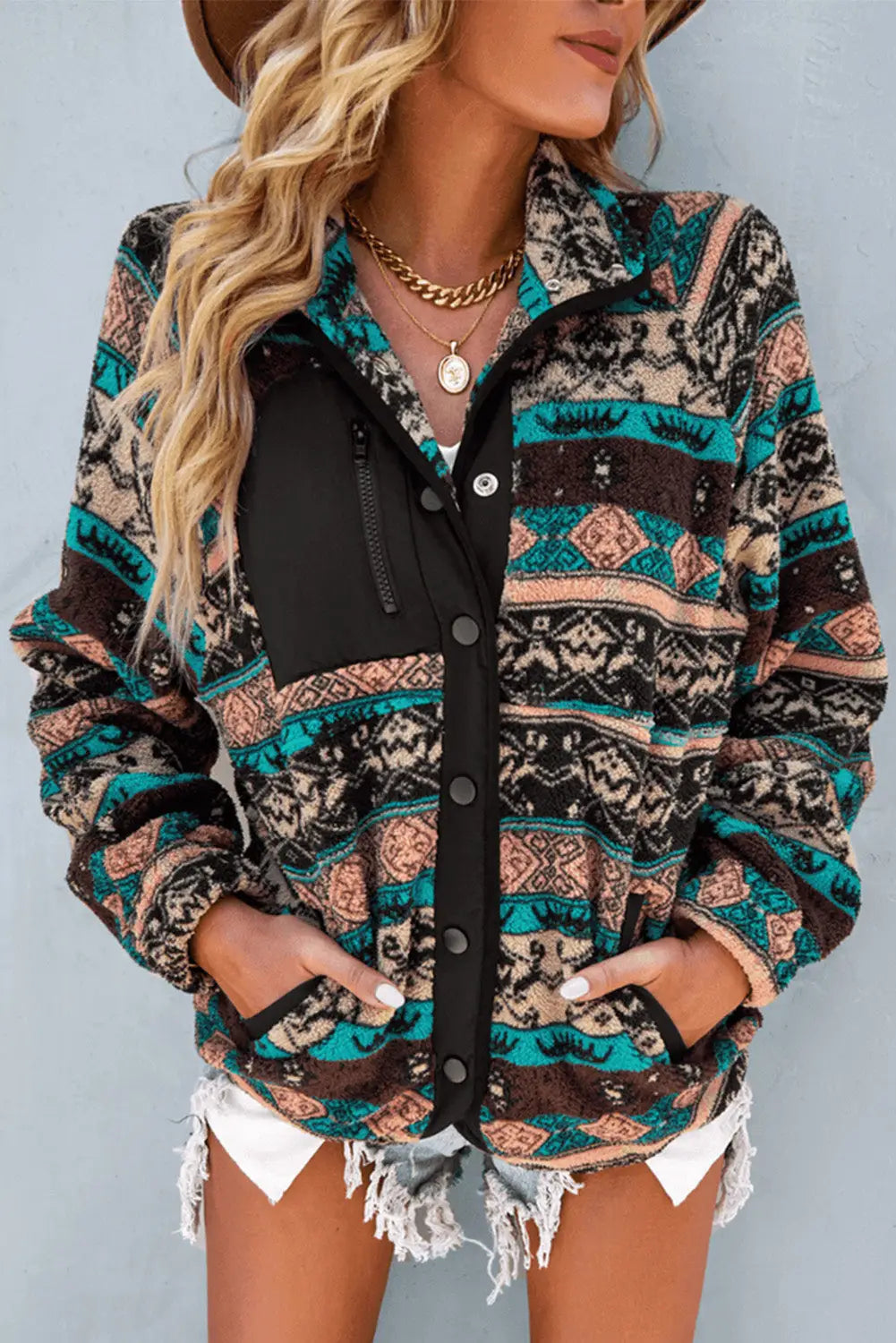 Khaki western colorblock snap buttoned sherpa jacket - black / s / 100% polyester - jackets