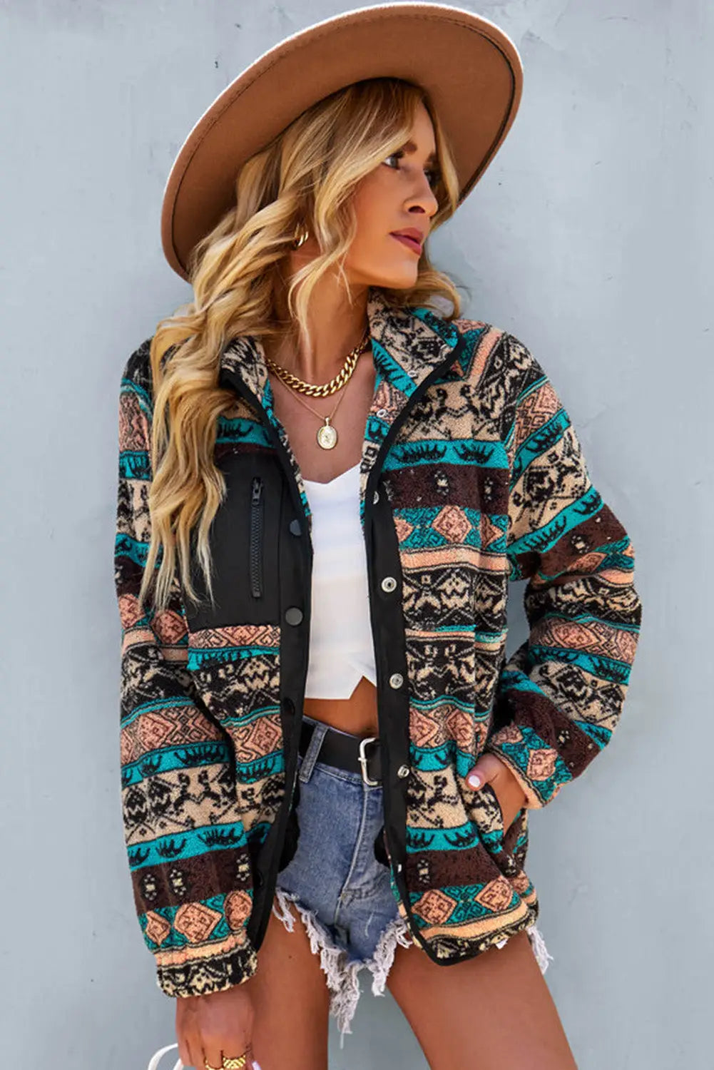 Khaki western colorblock snap buttoned sherpa jacket - jackets