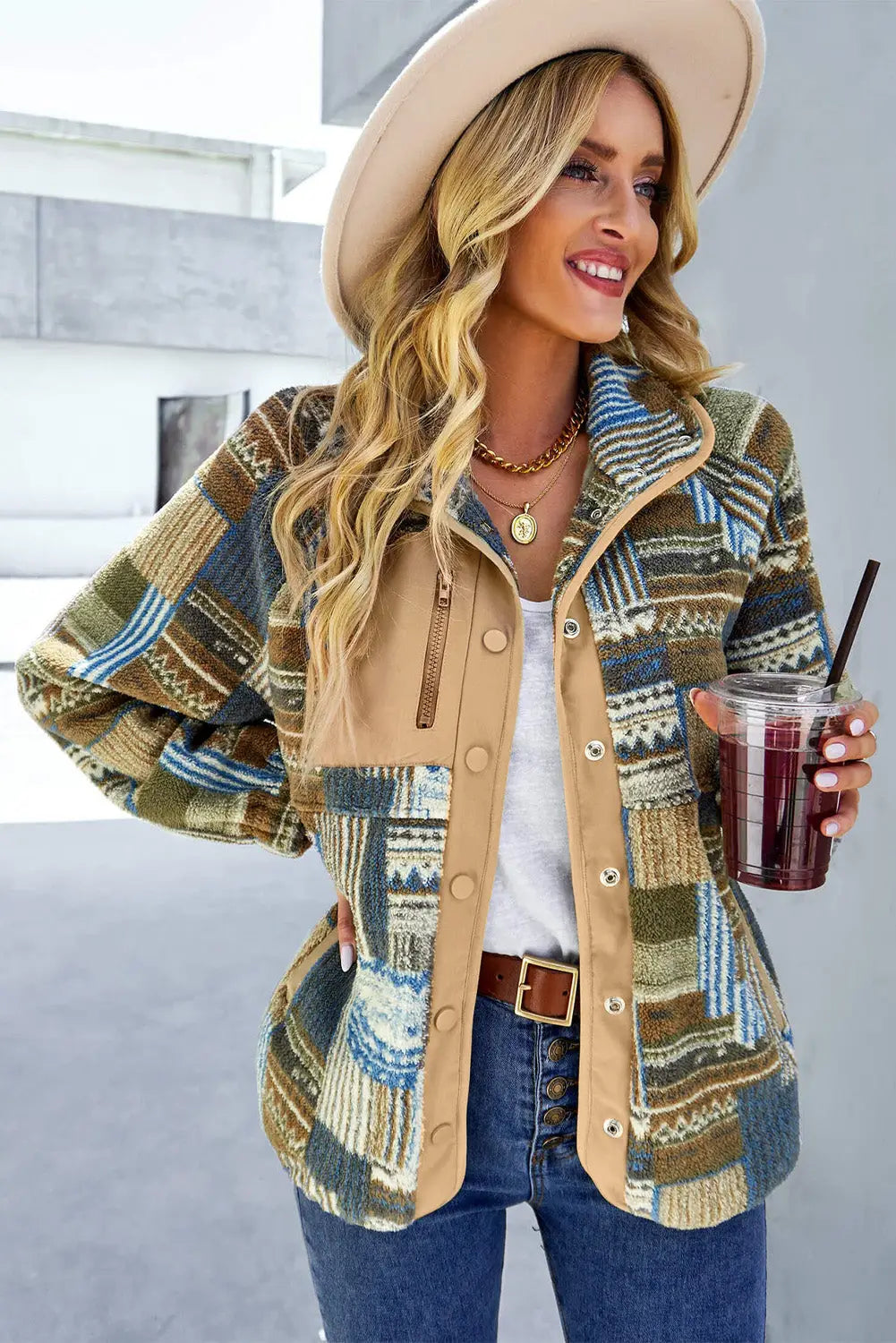 Khaki western colorblock snap buttoned sherpa jacket - jackets