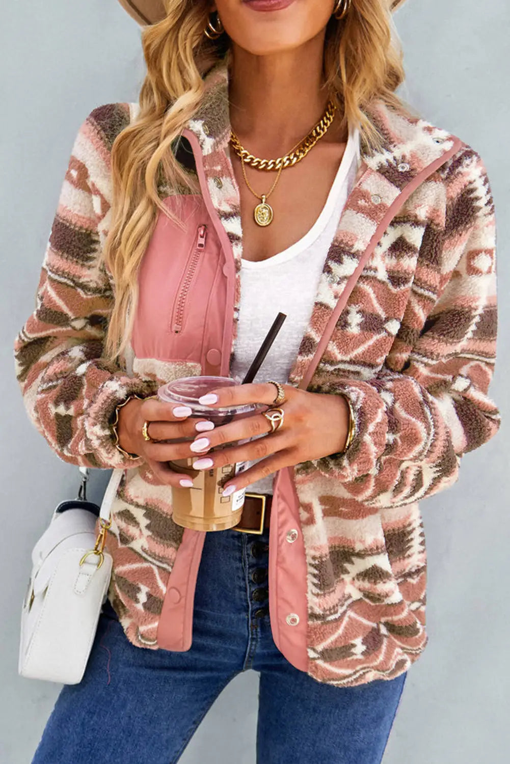 Khaki western colorblock snap buttoned sherpa jacket - pink / s / 100% polyester - jackets