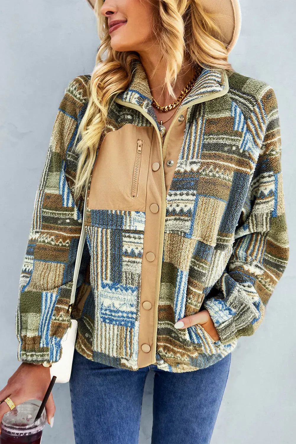 Khaki western colorblock snap buttoned sherpa jacket - s / 100% polyester - jackets