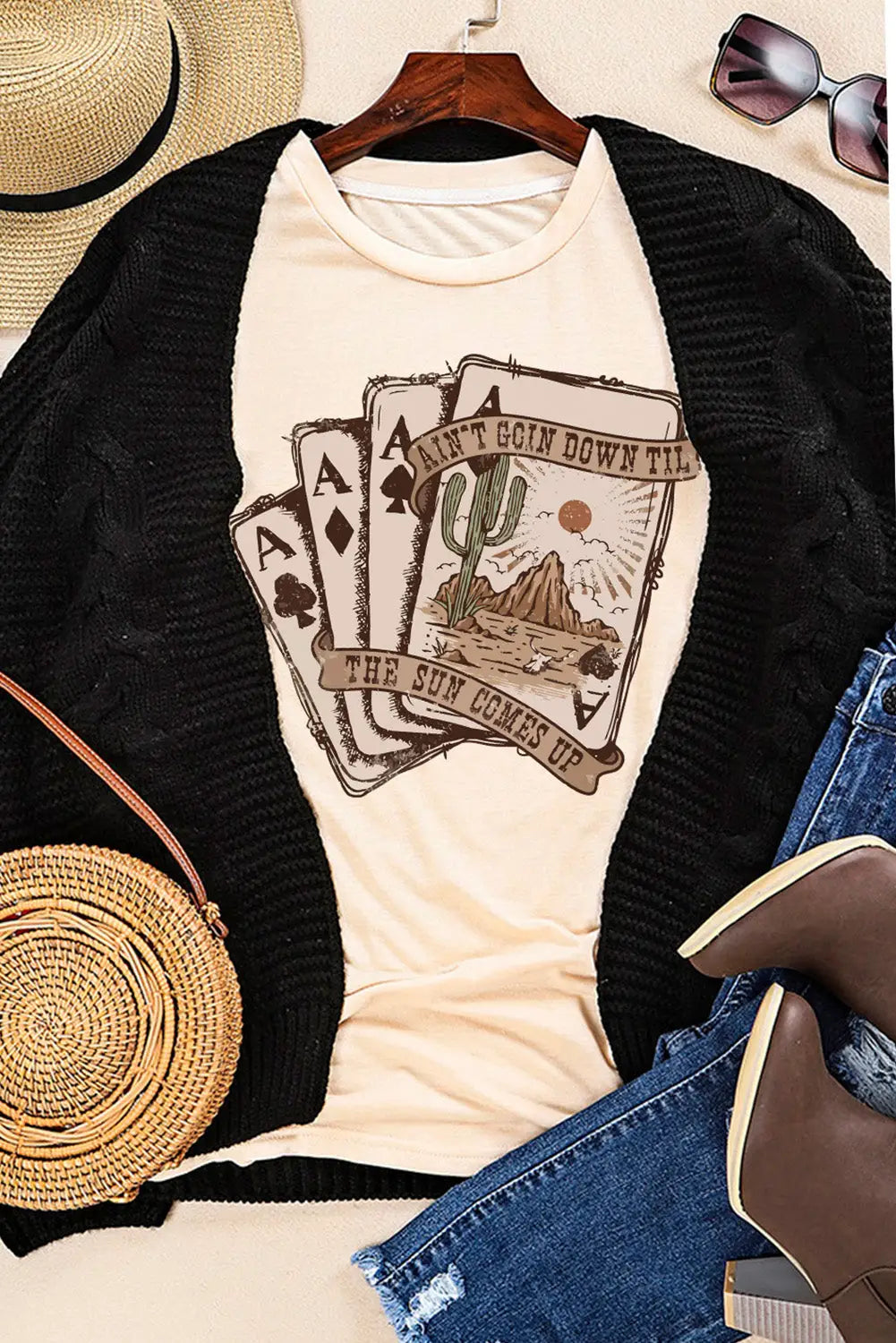Khaki western poker cards graphic t shirt - t-shirts
