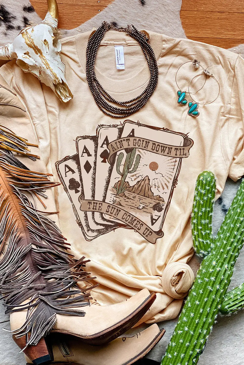 Khaki western poker cards graphic t shirt - s / 95% polyester + 5% elastane - t-shirts