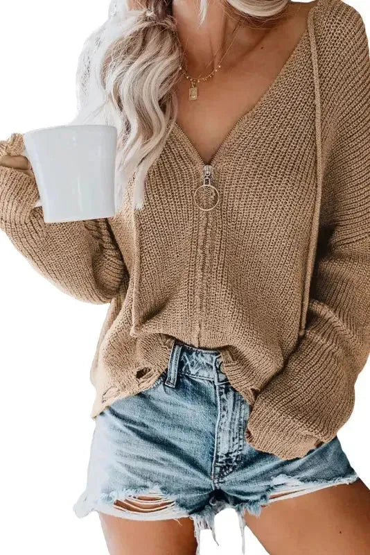 Khaki Zipper V-neck Dropped Sleeve Hooded Solid Sweater - Fashionfitz