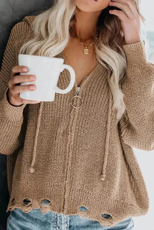 Khaki Zipper V-neck Dropped Sleeve Hooded Solid Sweater - Fashionfitz