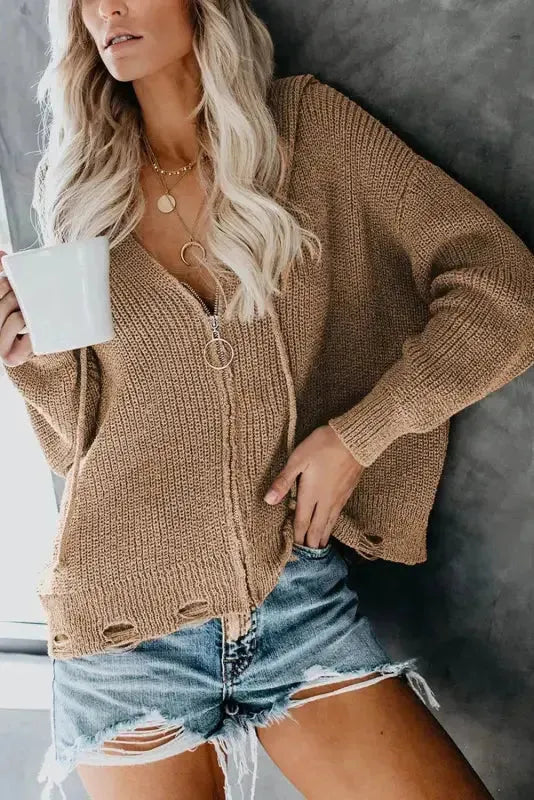 Khaki Zipper V-neck Dropped Sleeve Hooded Solid Sweater - Fashionfitz