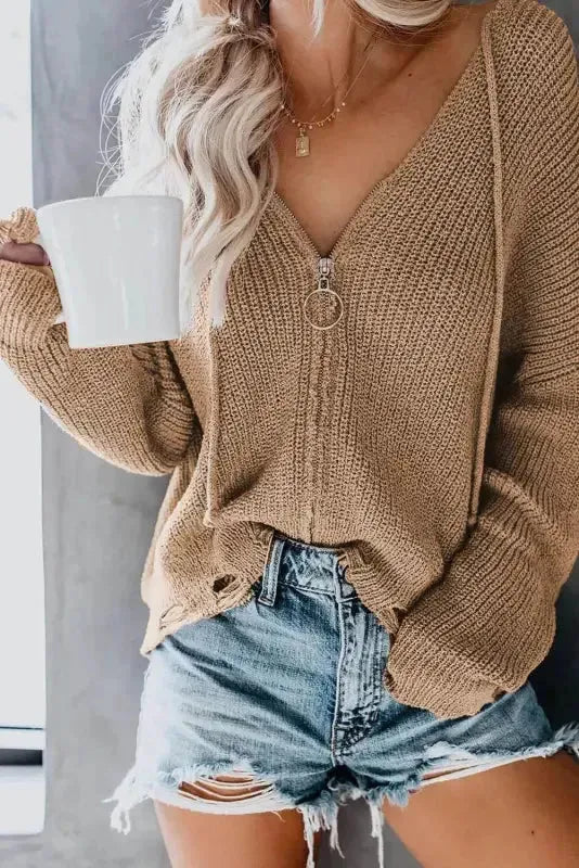 Khaki Zipper V-neck Dropped Sleeve Hooded Solid Sweater - Fashionfitz