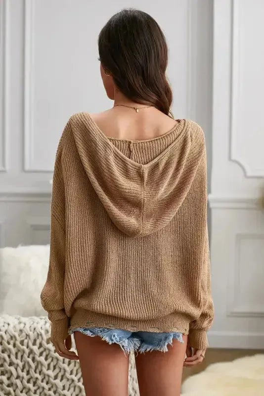 Khaki Zipper V-neck Dropped Sleeve Hooded Solid Sweater - Fashionfitz