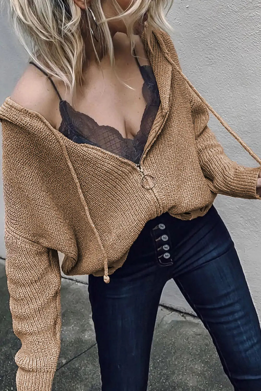 Khaki zipper v-neck dropped sleeve hooded solid sweater - sweaters & cardigans