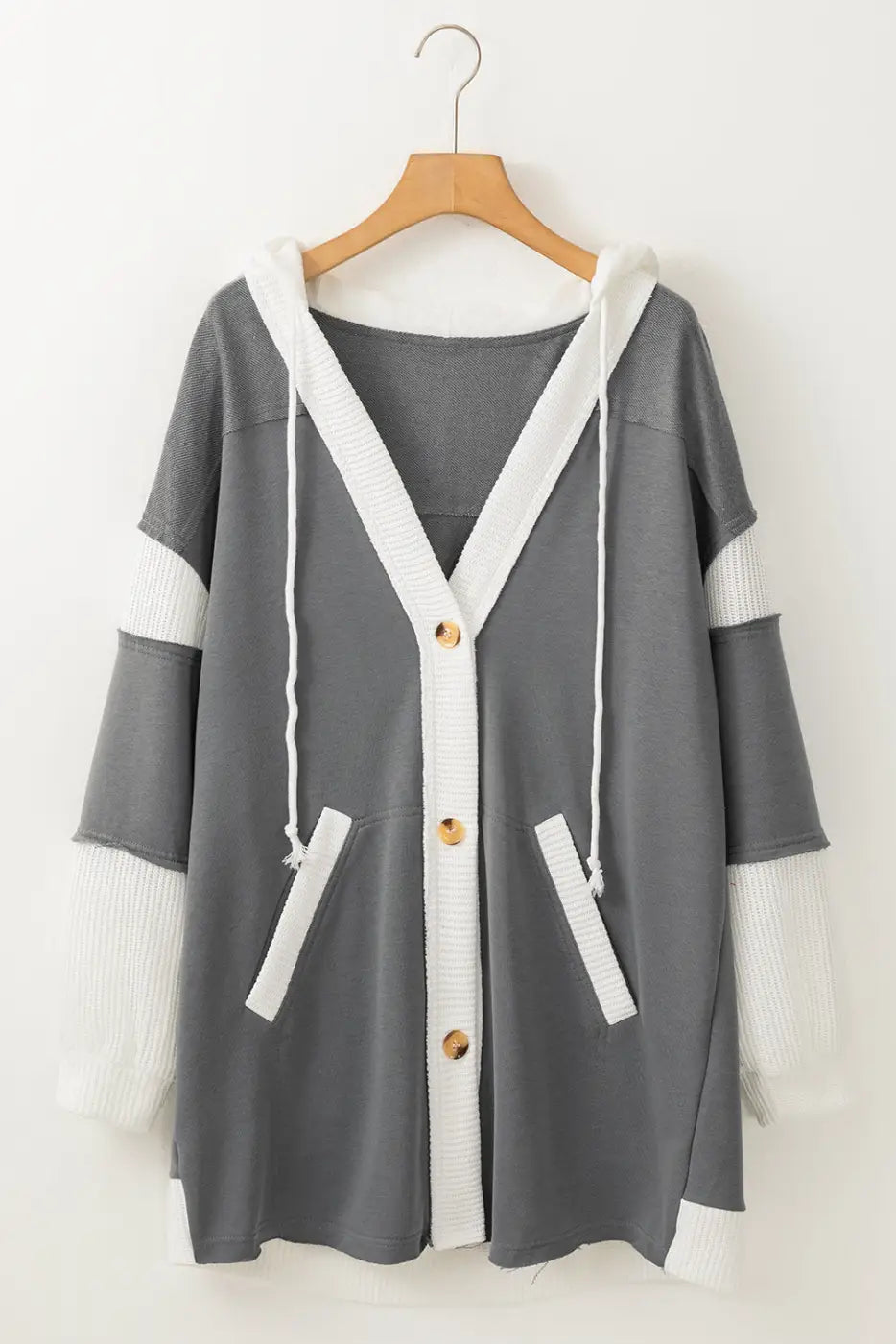 Knit patchwork hooded functional coat