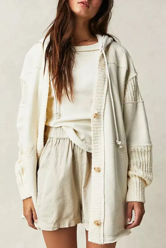 Knit patchwork hooded functional coat - beige / s / 65% polyester + 35% cotton