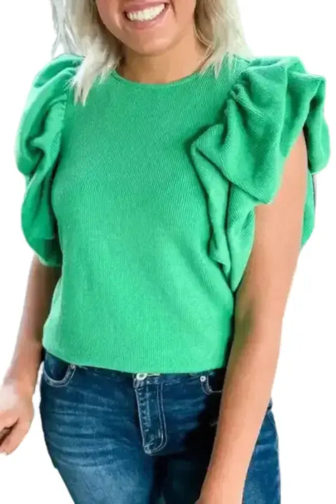 Green knit puffy ruffle sleeve blouse crew neck ribbed cotton blouses