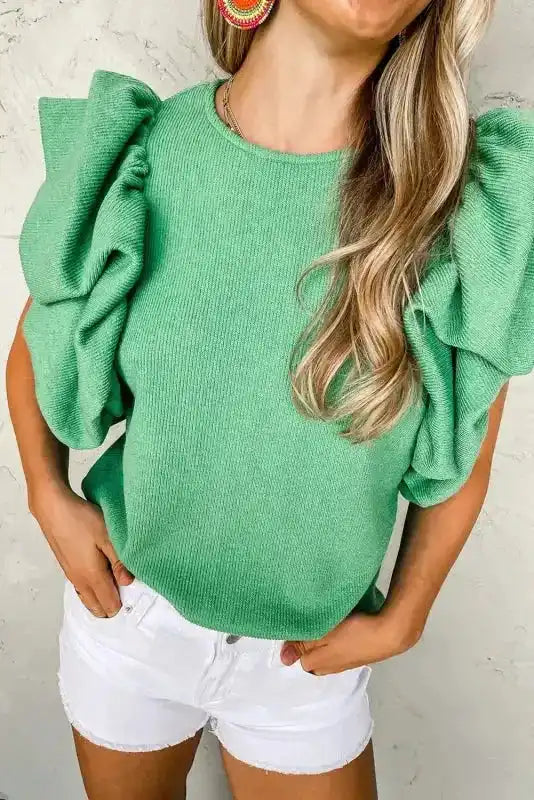 Knit Puffy Ruffle Sleeve Blouse - Fashionfitz