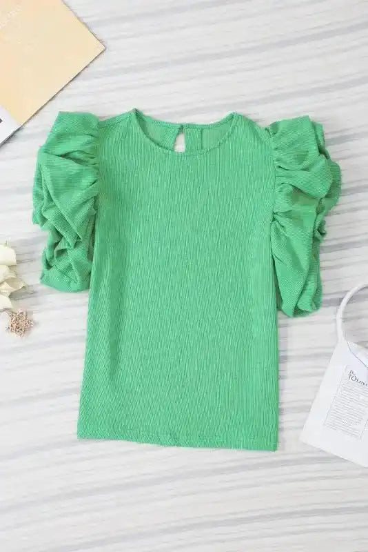 Knit Puffy Ruffle Sleeve Blouse - Fashionfitz