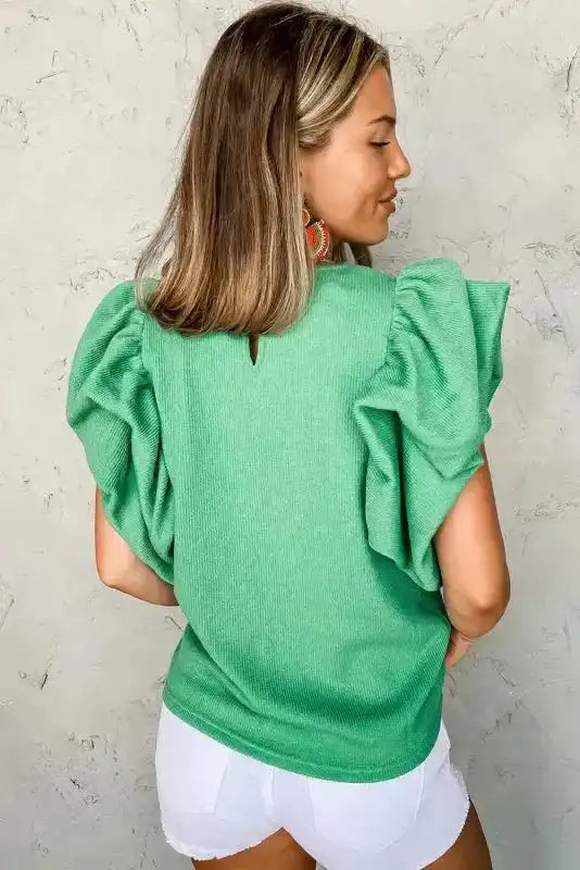 Knit Puffy Ruffle Sleeve Blouse - Fashionfitz
