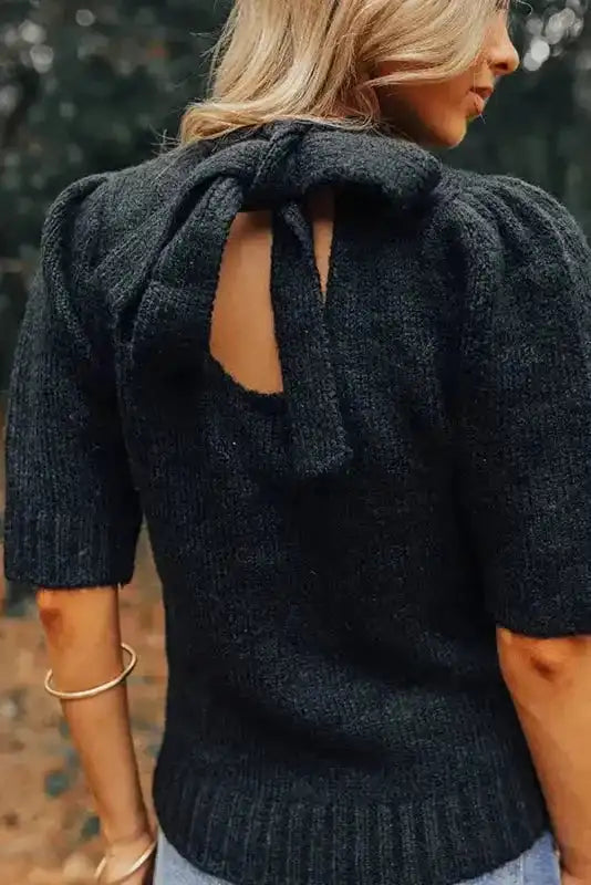 Knit Sweater - Black Knotted Keyhole Nape Short Sleeve - Fashionfitz