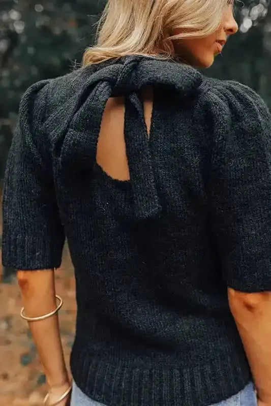 Knit Sweater - Black Knotted Keyhole Nape Short Sleeve - Fashionfitz