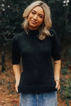 Knit Sweater - Black Knotted Keyhole Nape Short Sleeve - Fashionfitz