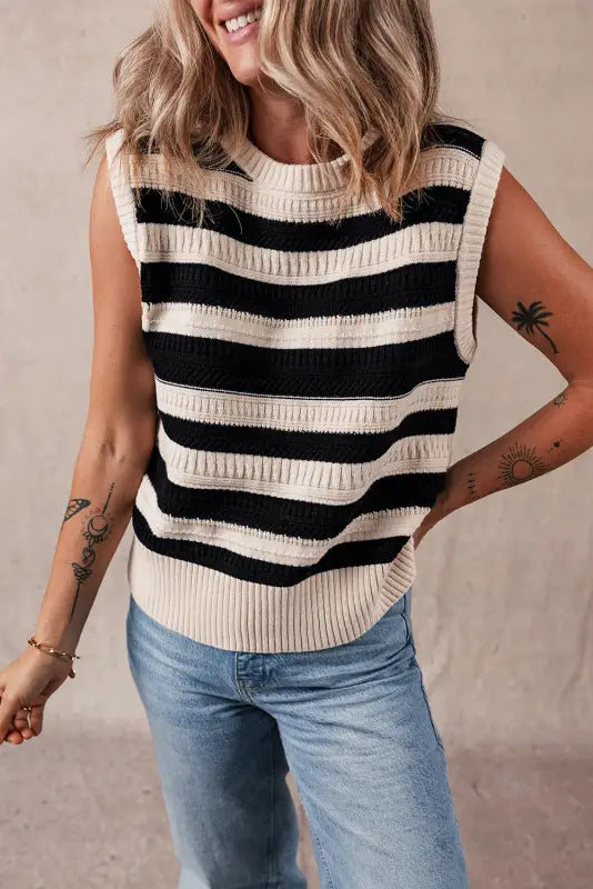 Knit tank top - black stripe ribbed trim - sweater vests