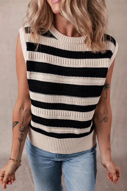 Knit tank top - black stripe ribbed trim - sweater vests