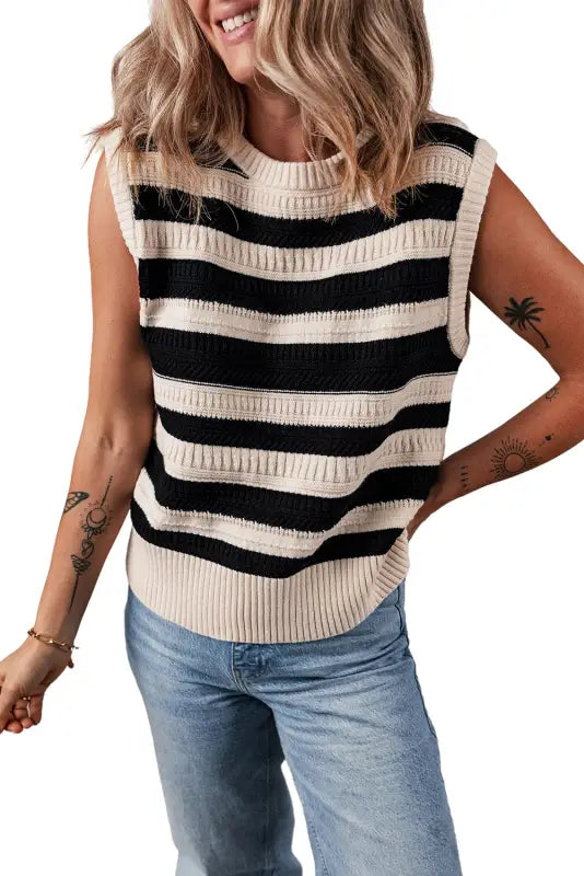 Knit tank top - black stripe ribbed trim - sweater vests