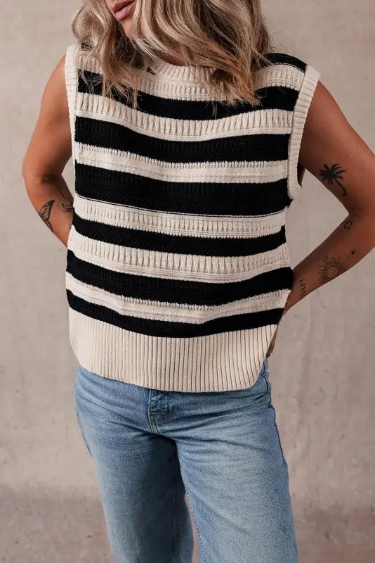 Knit tank top - black stripe ribbed trim - sweater vests