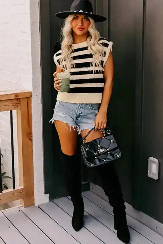 Knit Tank Top - Black Stripe Ribbed Trim - Fashionfitz