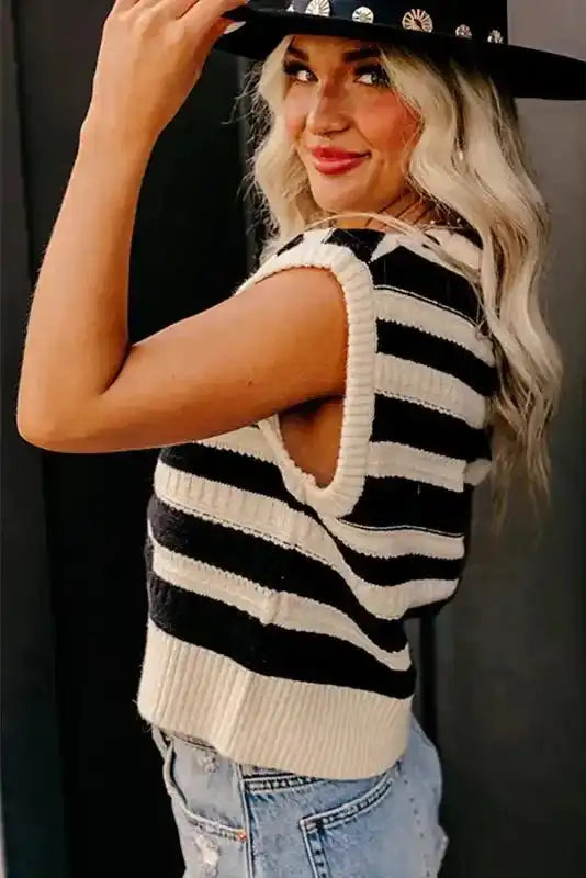 Knit Tank Top - Black Stripe Ribbed Trim - Fashionfitz