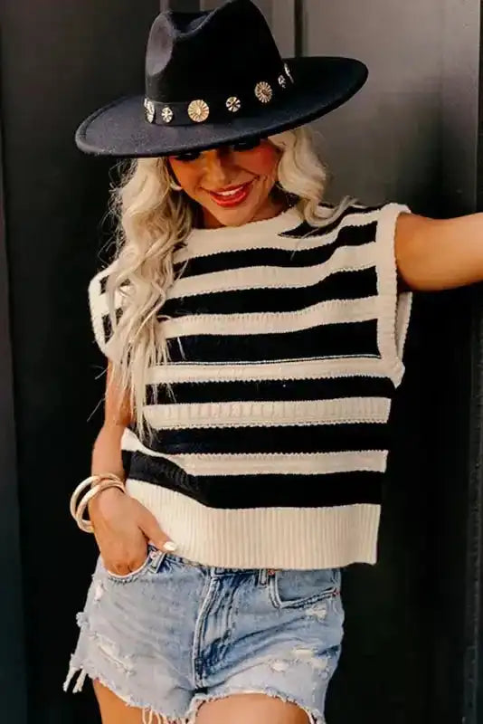 Knit Tank Top - Black Stripe Ribbed Trim - Fashionfitz