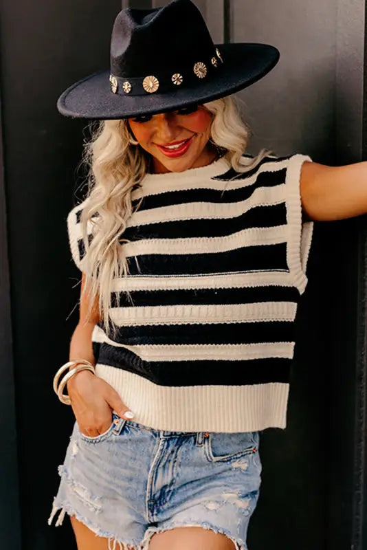 Knit tank top - black stripe ribbed trim - sweater vests