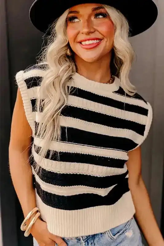 Knit Tank Top - Black Stripe Ribbed Trim - Fashionfitz