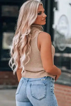 Knit Tank Top - Oatmeal Solid Color Turtleneck - Fashionfitz