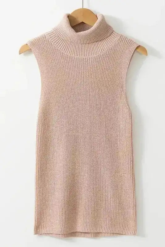 Knit Tank Top - Oatmeal Solid Color Turtleneck - Fashionfitz