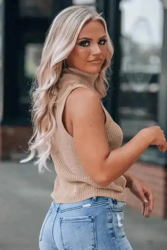Knit Tank Top - Oatmeal Solid Color Turtleneck - Fashionfitz