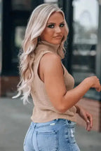 Knit Tank Top - Oatmeal Solid Color Turtleneck - Fashionfitz