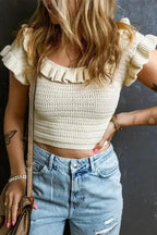 Knitted Crop Top - Beige Ruffled Neckline - Fashionfitz