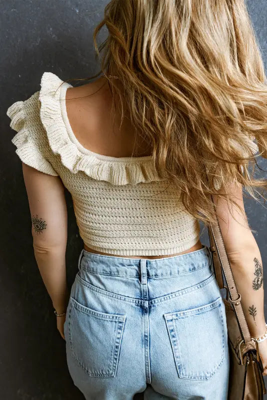 Knitted crop top - beige ruffled neckline - short sleeve sweaters