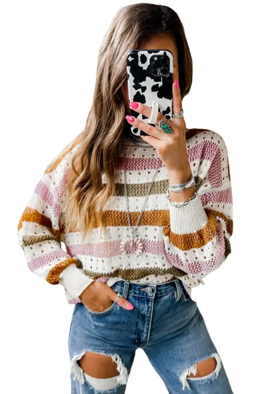 Knitted loose sweater - striped hollowed - sweaters